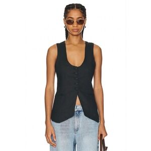 Free People Tailored Vest Women M Black Linen Blend Button Front Scoop Neck